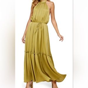 Green/chartreuse high neck silky maxi dress